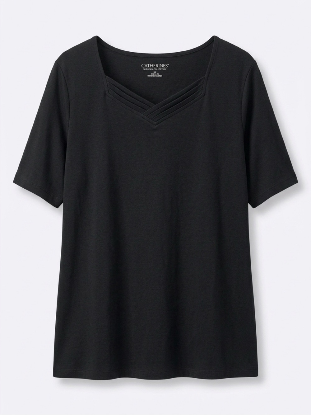 Catherines Black Pima Super Soft Cotton Tee Sweetheart Neckline with Pintucks